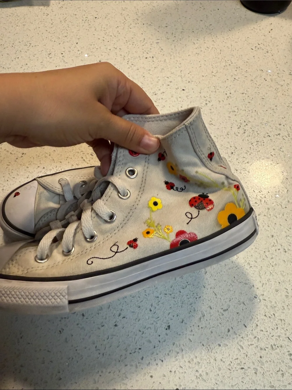 Converse Kids White High-Top Sneakers with Ladybug & Floral Accents
